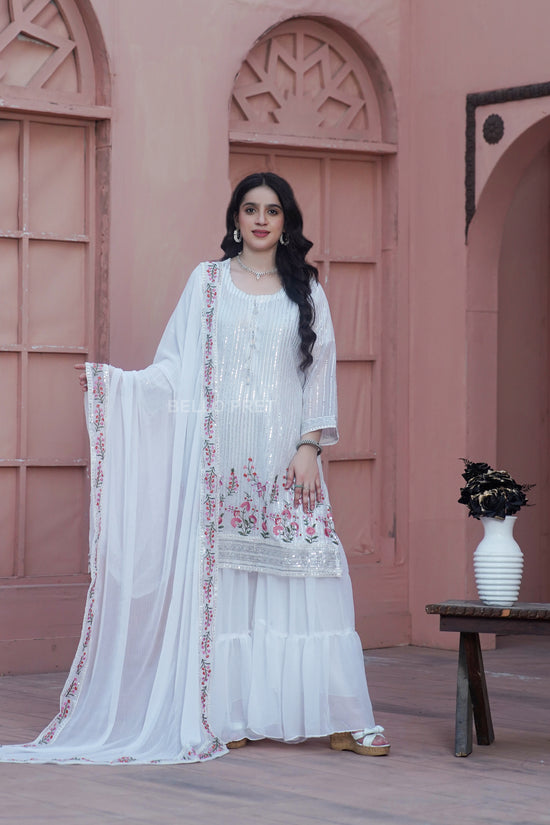 New Arrival: White Sequined Elegance with Sharara Plazo Set"